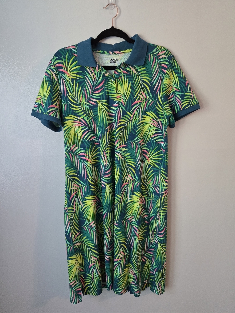 Lands' End Tropical Palm Print Polo Shirt Dress Green Pink Knit Size Medium